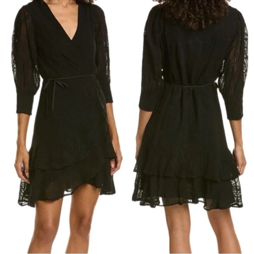 AllSaints Ari Ossia Embroidered Wrap Dress Size 2 Black Paisley Ruffle Hem Mini